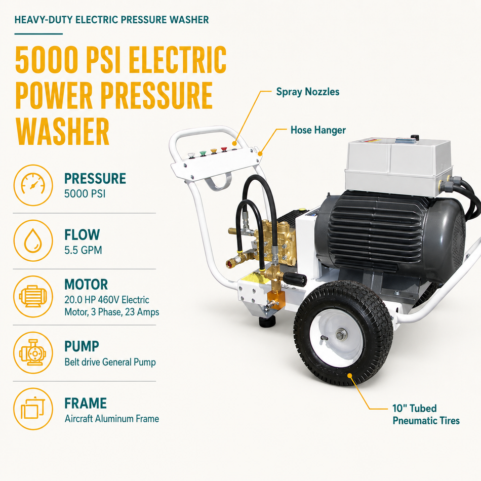 5000 PSI 460 V Belt Drive Electric Pressure Washer infographic