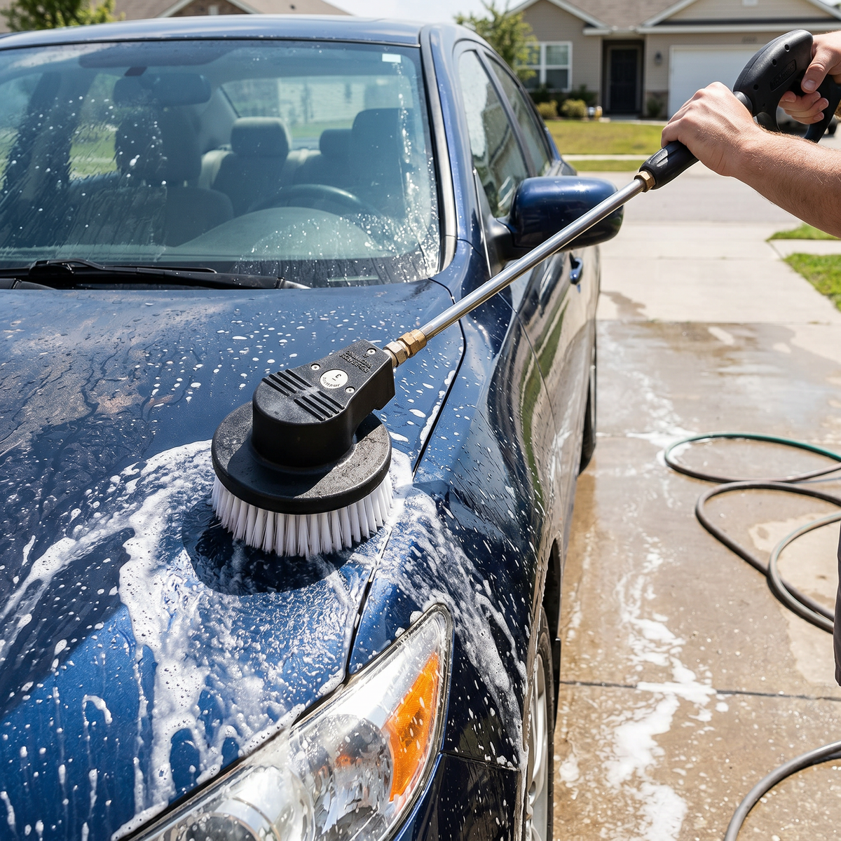 White Nylon Bristles Rotating Brush being used for automotive detailing and car washing.