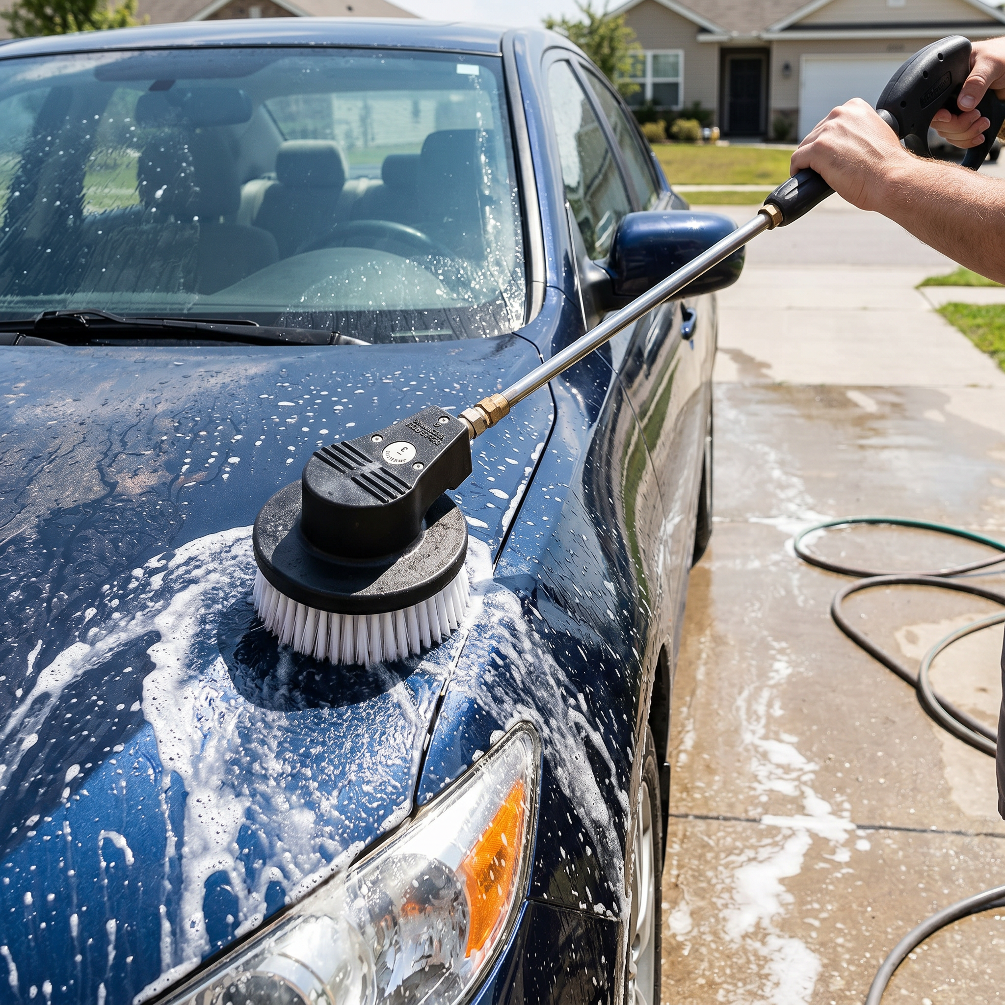 White Nylon Bristles Rotating Brush being used for automotive detailing and car washing.
