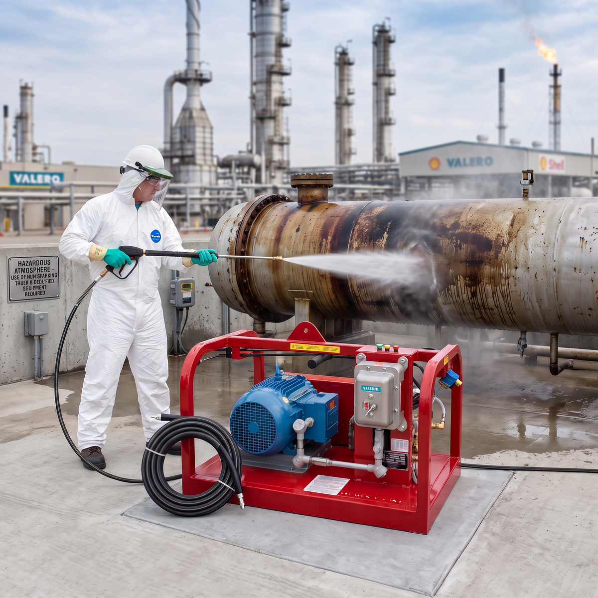 the 460V, 3 Phase 5000 PSI Power Washer is used to clean a large rusty industrial pipe at an oil refinery.