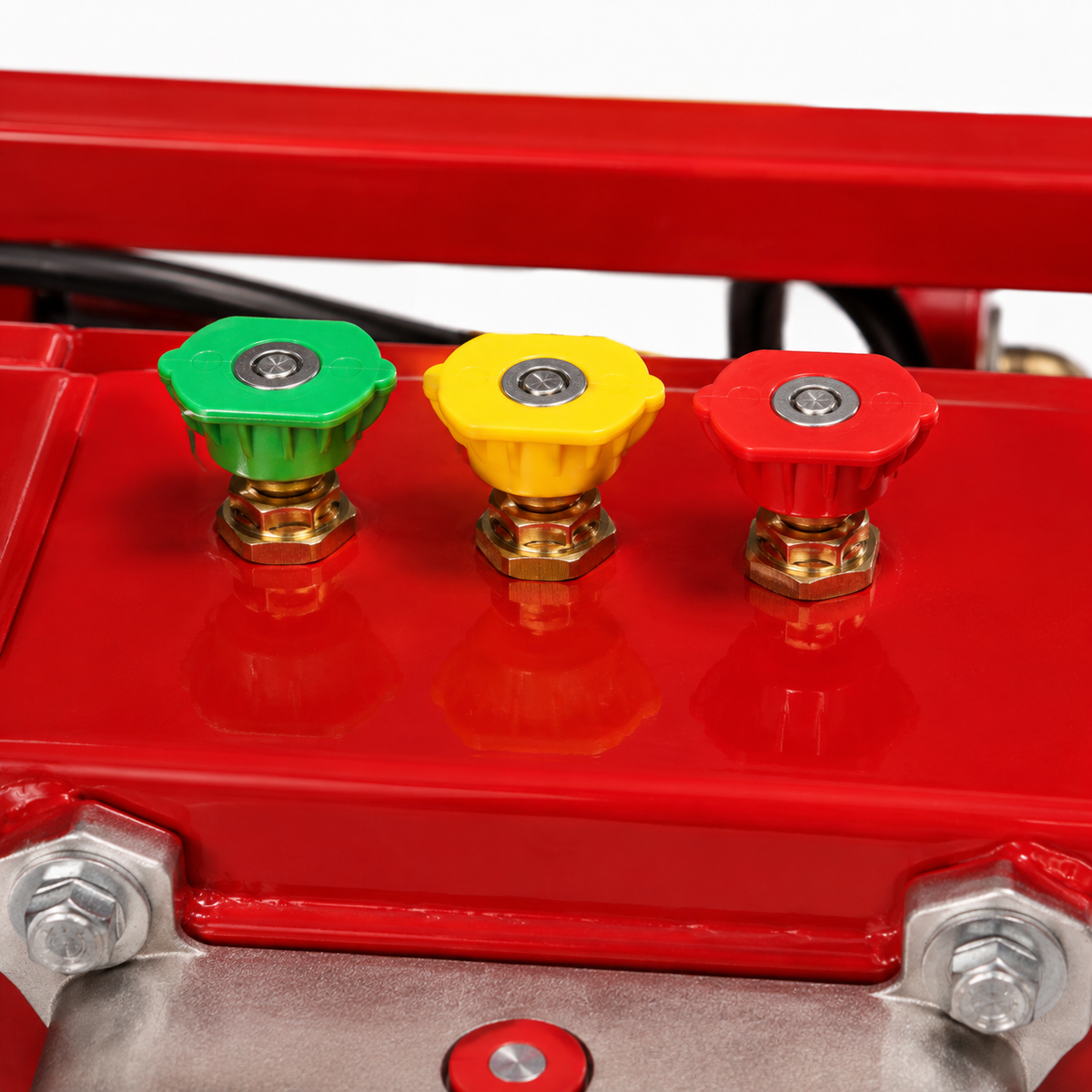 Close-up of 3 nozzles tips of 460V, 3 Phase 5000 PSI Power Washer.