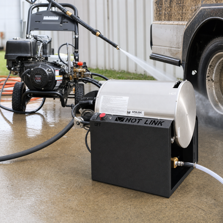 4350 PSI 12v VDC Diesel 3.5GPM Hot Link Hot Water Generator in use for heating water for pressure cleaning.
