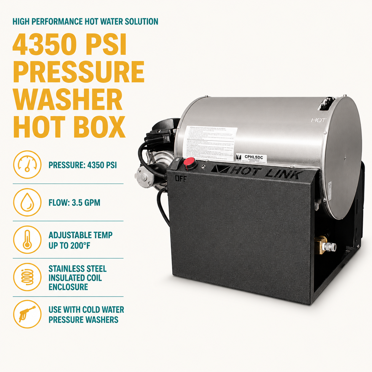 4350 PSI 12v VDC Diesel 3.5GPM Hot Link Hot Water Generator infographic