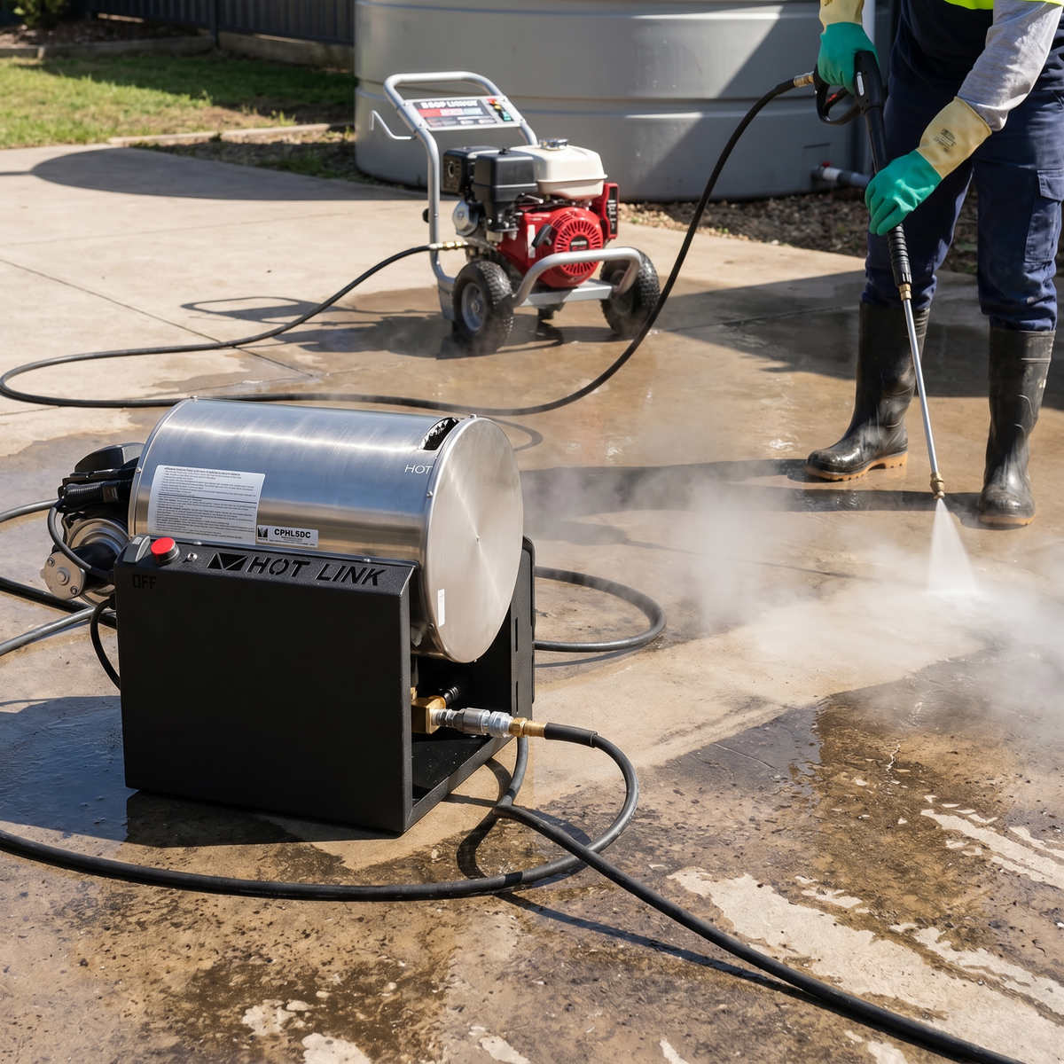 4350 PSI 115v VAC Diesel 5.0GPM Hot Link Hot Water Generator being used outdoors on a concrete driveway alongside a cold water pressure washer.