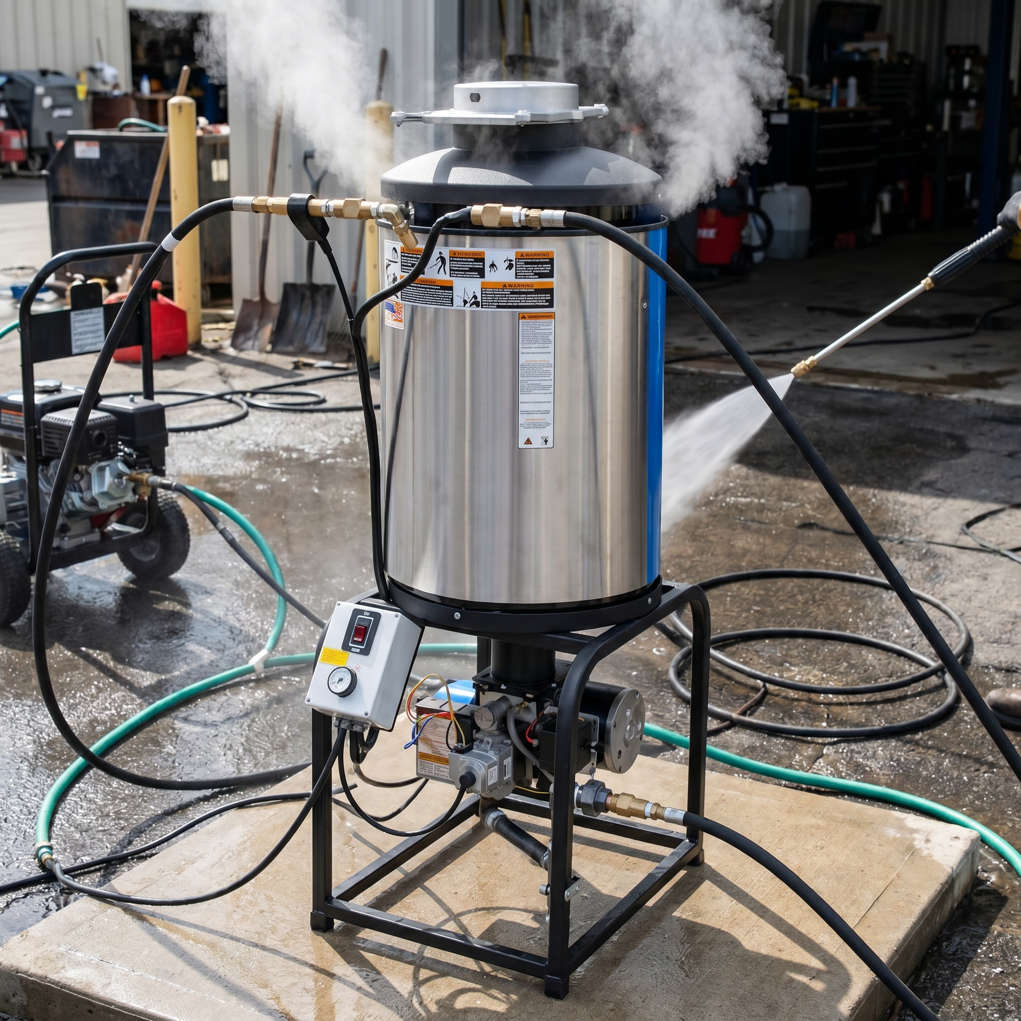 4000 PSI standalone pressure washer burner emitting steam while in use on an outdoor concrete surface