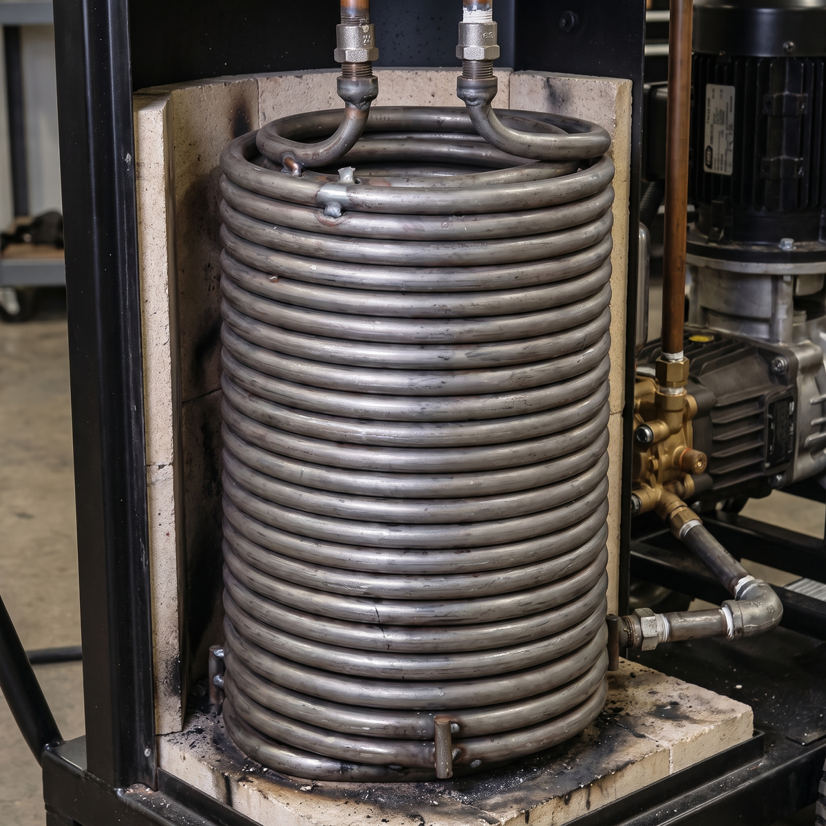 Alkota 14" x 25" Coil installed inside a commercial hot box pressure washer unit.