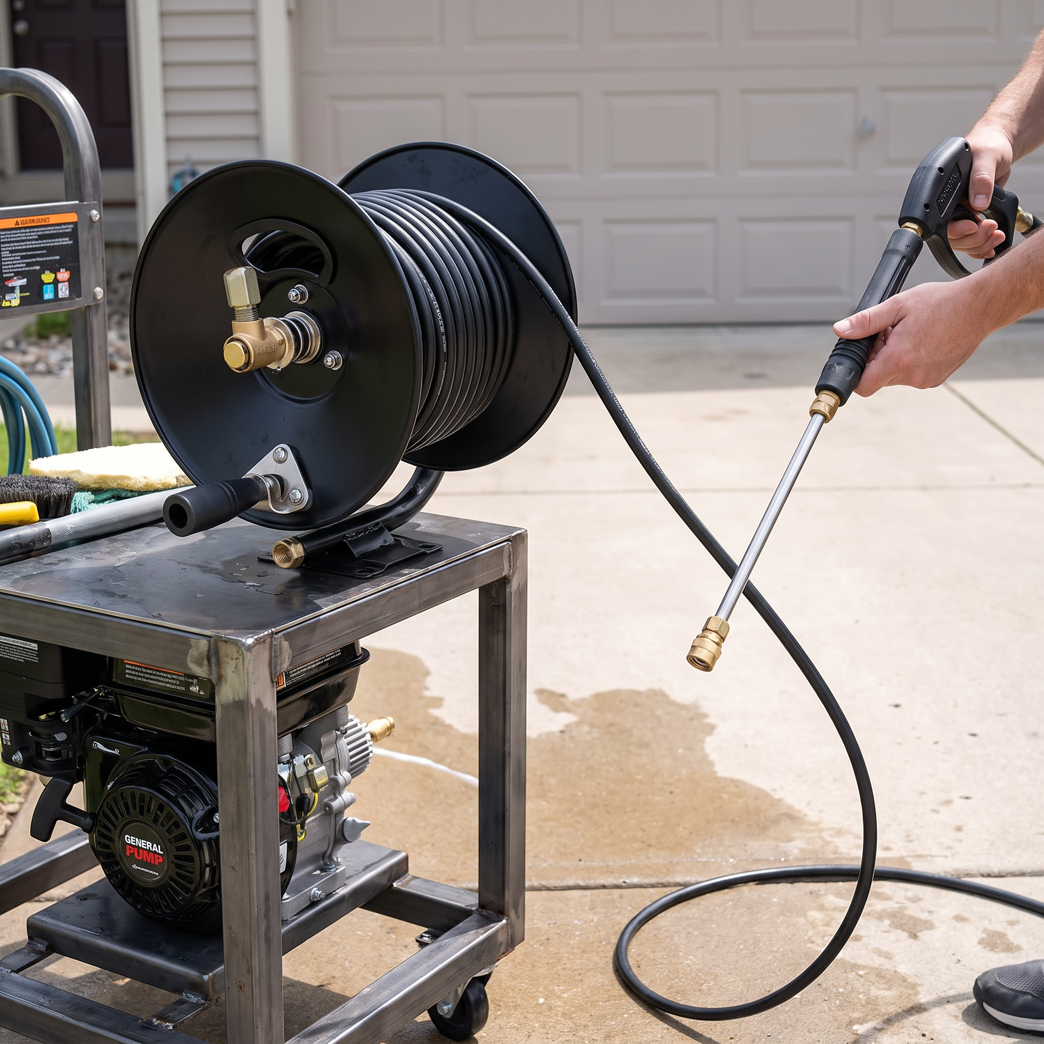 General Pump D30002 4000 PSI steel hose reel with brass swivel joint and hand crank mounted above a gas engine pressure washer skid cart.