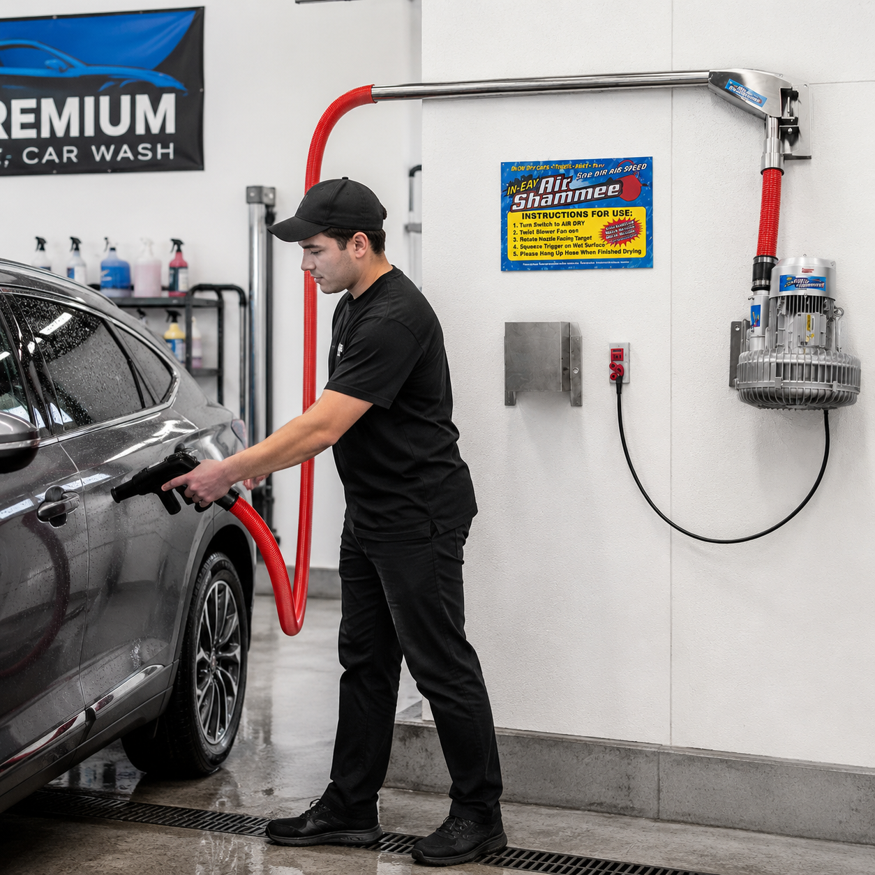 Hand Held Dryer System for Car Wash Bay is used by a car wash employee drying a vehicle.
