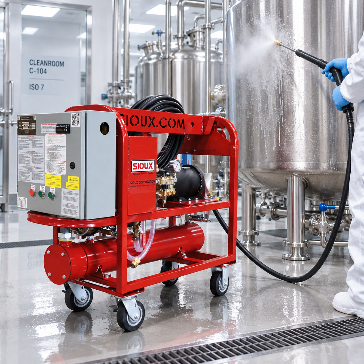 The 1200 PSI Electric Steam Power Washer being used to spray down a stainless steel industrial tank, with a person holding the hose on a wet factory floor.