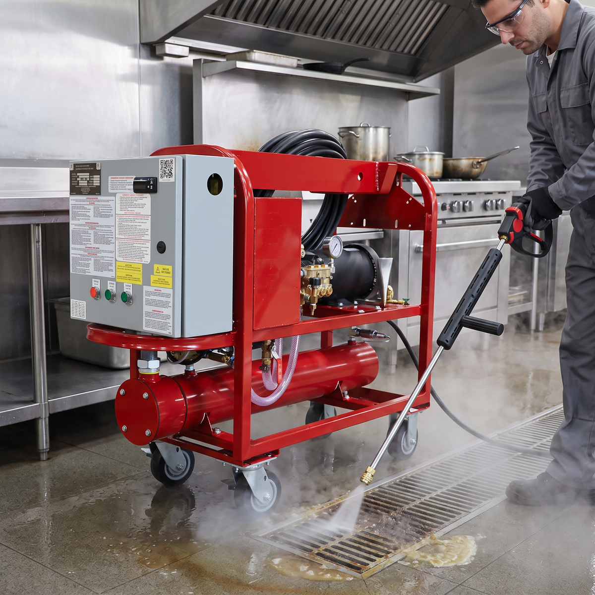 The 3000 PSI Steam Combination Washer 480v/60Hz being used by a worker in a stainless steel kitchen to clean a floor drain, with steam rising from the wet floor.