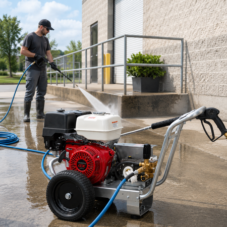 Operator using 4000 PSI Honda GX390 gas pressure washer on concrete outdoors