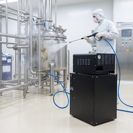 Operator using a 4000 PSI electric heated power washer to sanitize stainless steel tanks in a pharmaceutical facility.