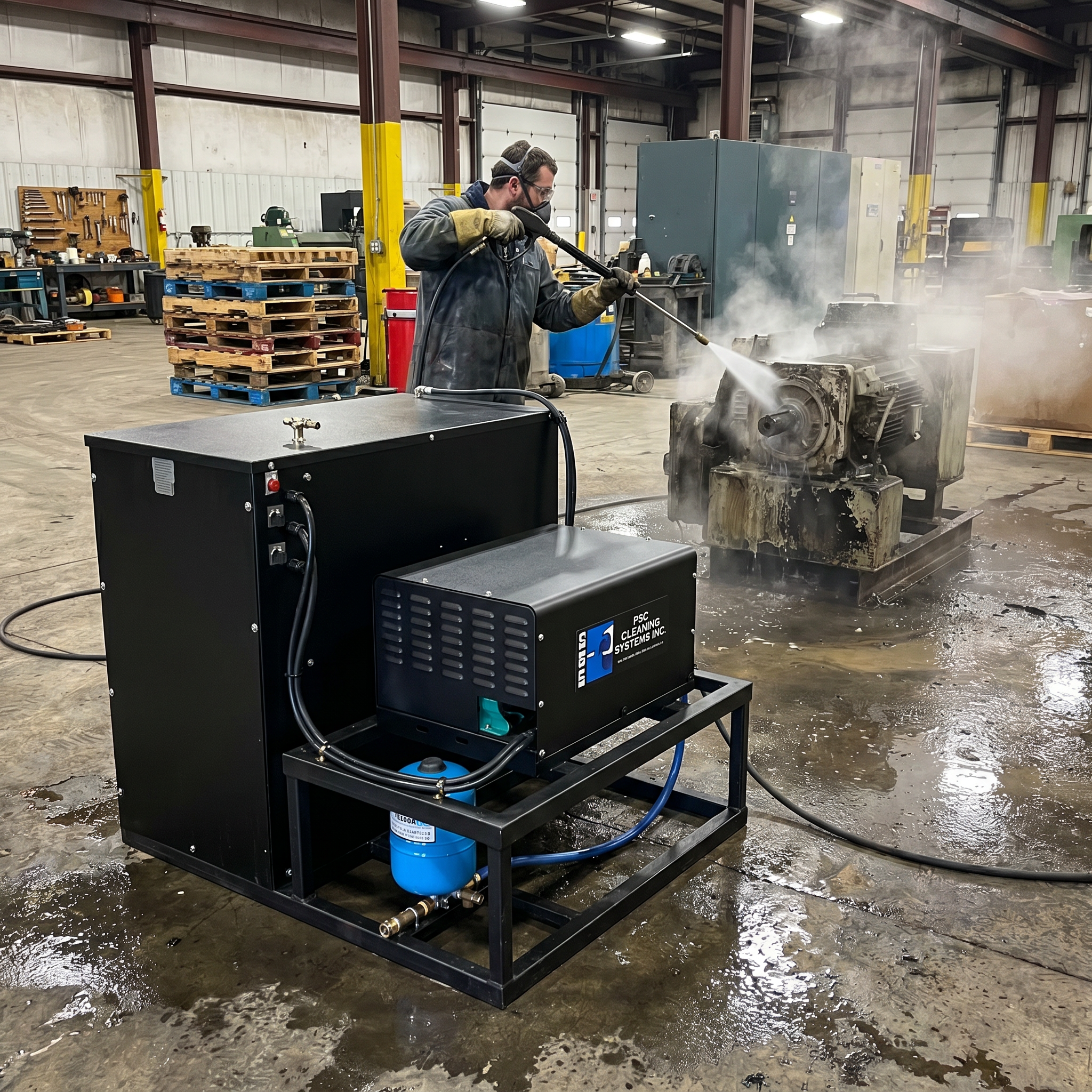 A facility worker in protective gear using the 3000 PSI All Electric Hot Electric Pressure Washer to clean heavy equipment inside a manufacturing bay.