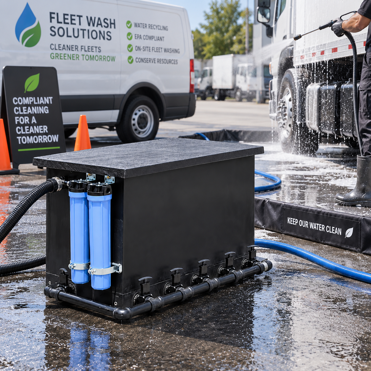 the Wash Water Recycle Mobile Unit with two micron filter is shown outdoors on a wet paved area, connected by hoses. A person in boots is spraying water from a hose into a truck, with a white fleet wash van and a sign reading 'Fleet Wash Solutions' in the background.