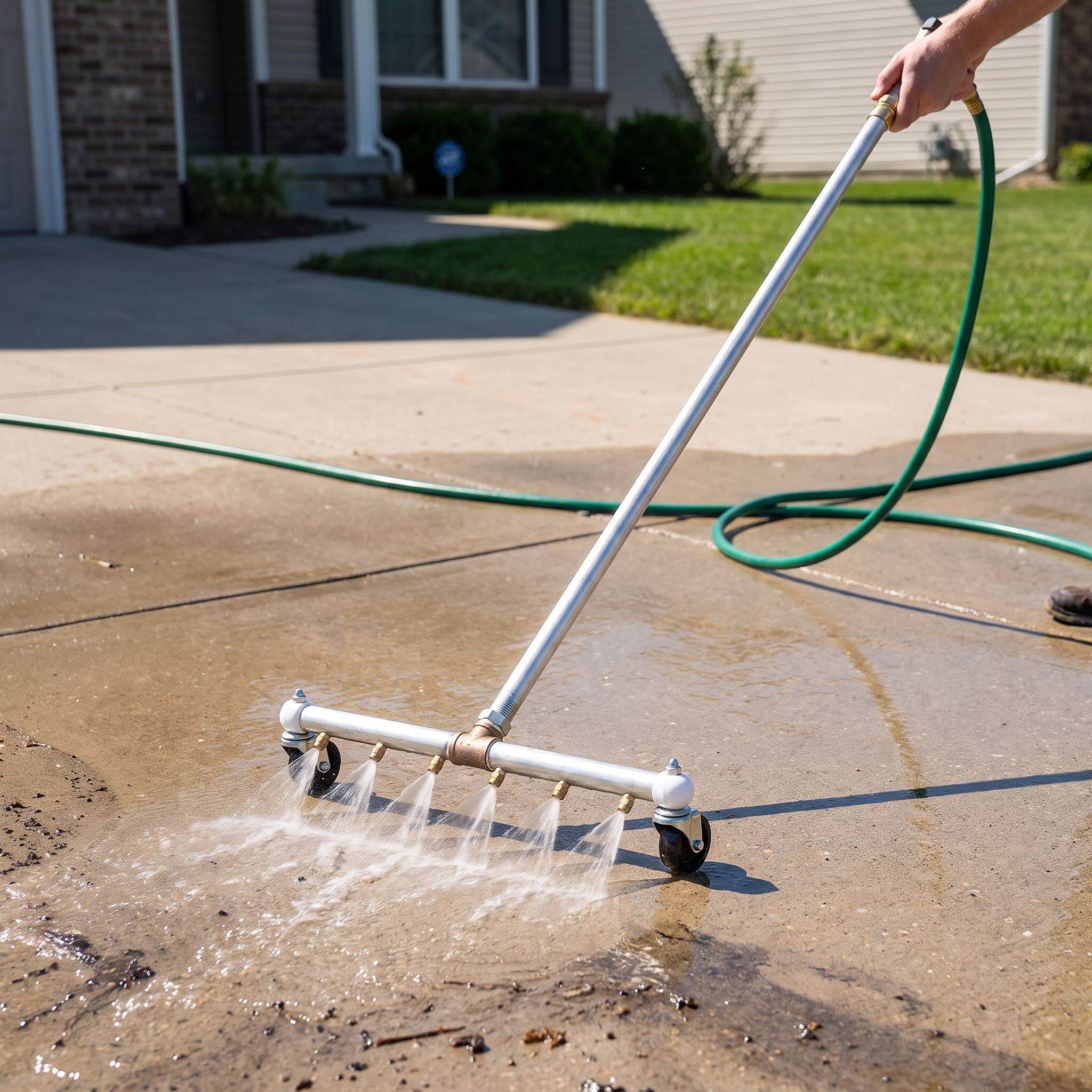Operator using a 56-inch water broom to wash down a residential concrete driveway.