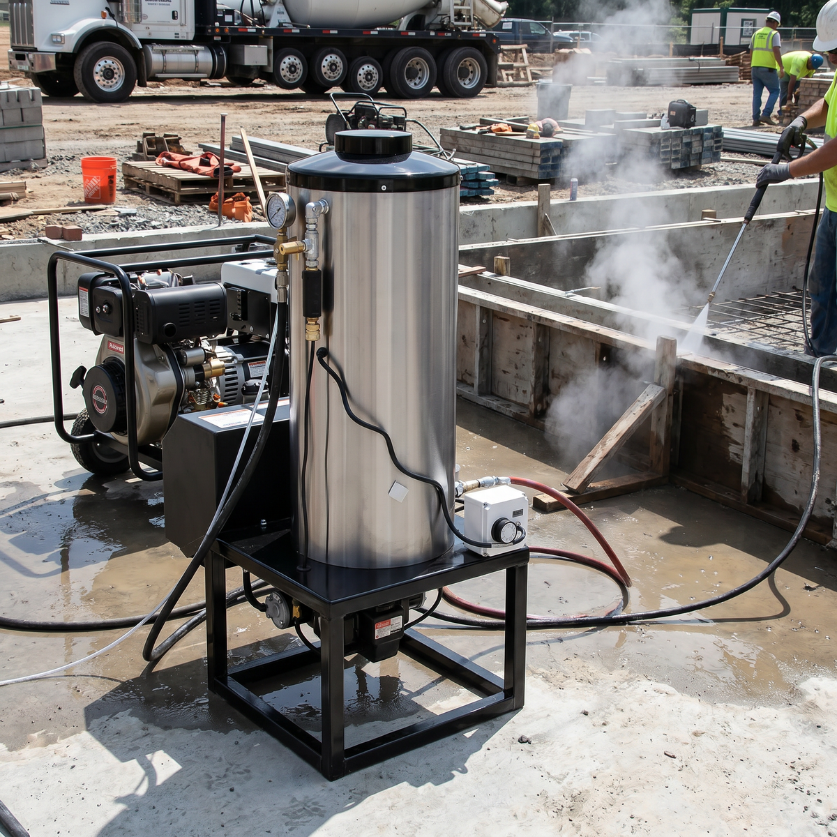 12 Volt Diesel Burner to 4GPM at 4000 PSI is used to steam-clean a concrete foundation.