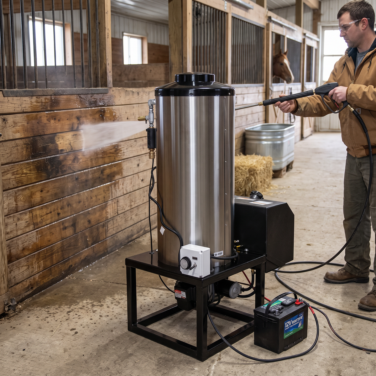 12V hot water pressure washer burner unit setup inside a barn alleyway with a worker pressure washing horse stalls.