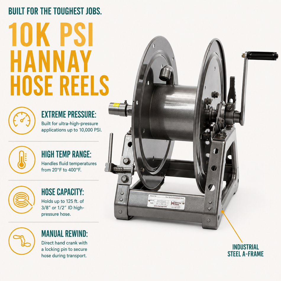 Industrial steel A-frame Hannay hose reel infographic