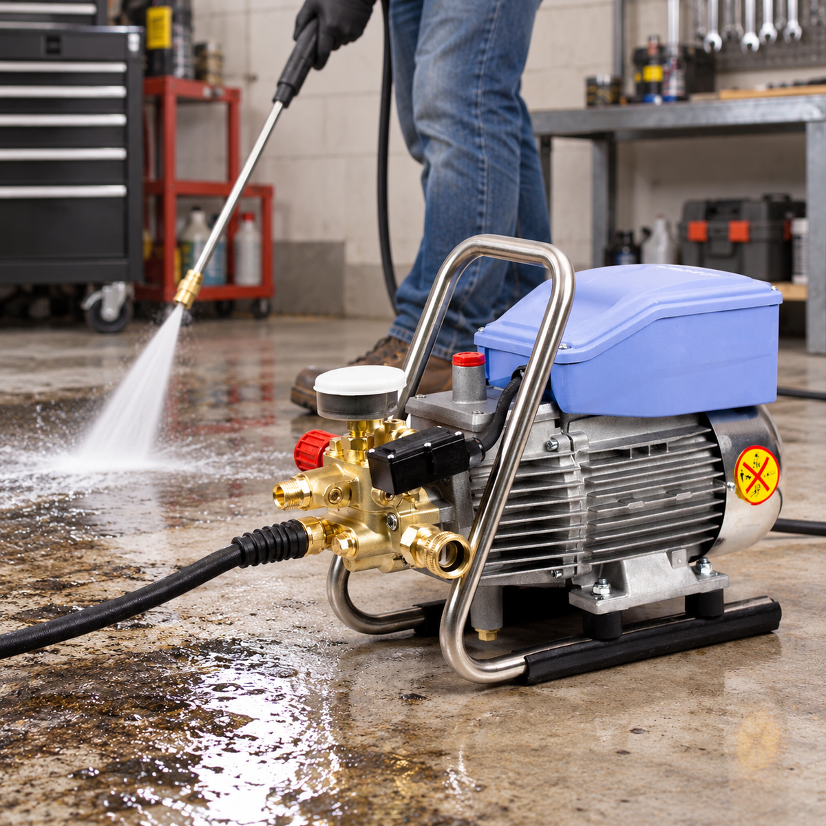 the 1600 PSI Portable Pressure Washer is shown in a workshop setting. A person is spraying water onto a wet concrete floor, demonstrating its use.