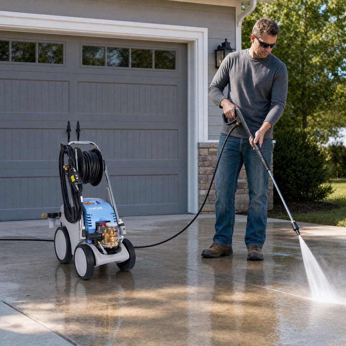 A man uses the 2000 PSI Pressure Washer to clean a concrete driveway in front of a gray garage door.