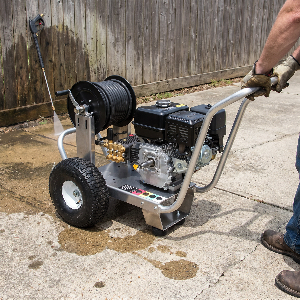 An operator pushing the aluminum pressure washer cart carrying a gas engine and a hose reel on a concrete surface.