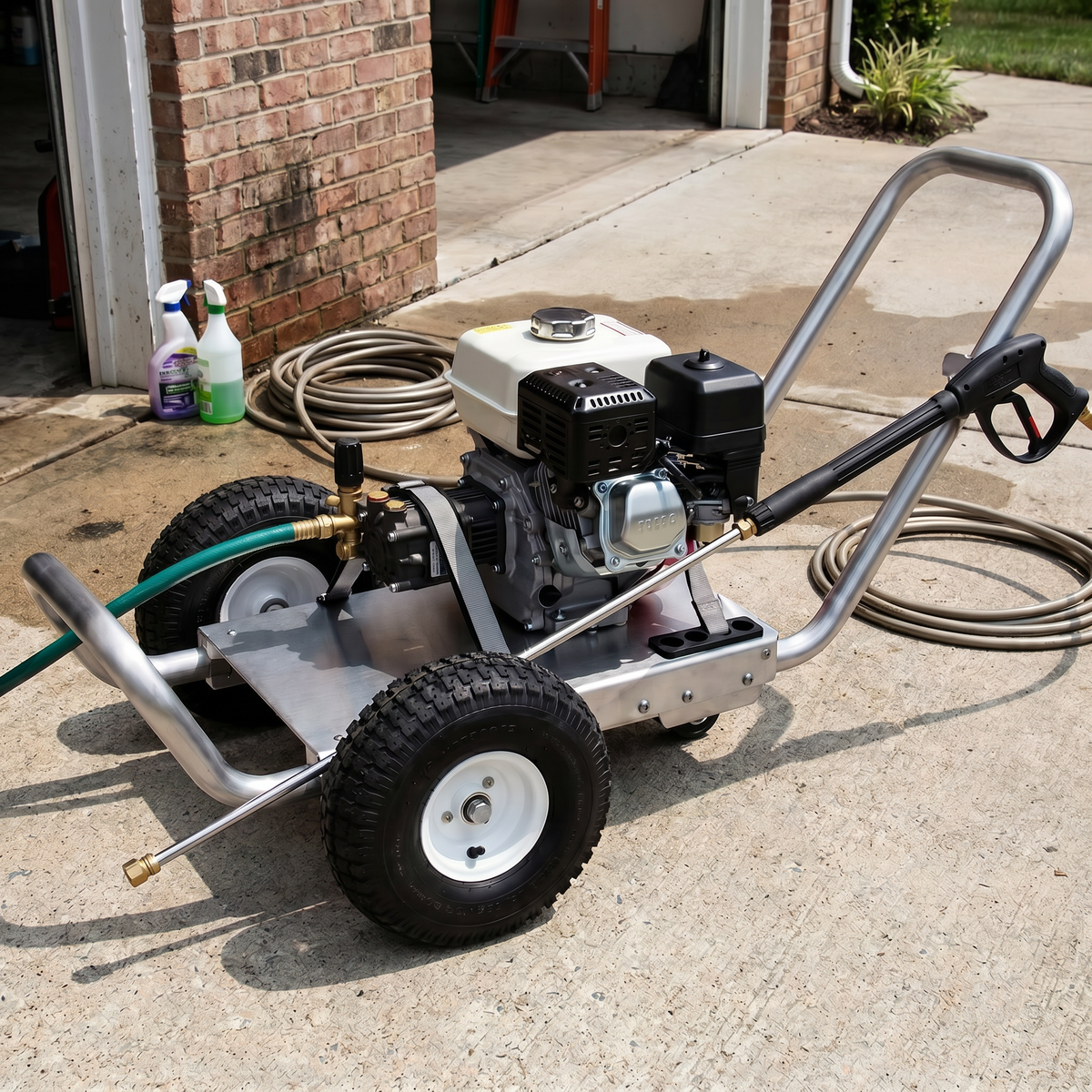 Professional Cart Frame w/ Gun & Hose Rack carrying a gas engine setup