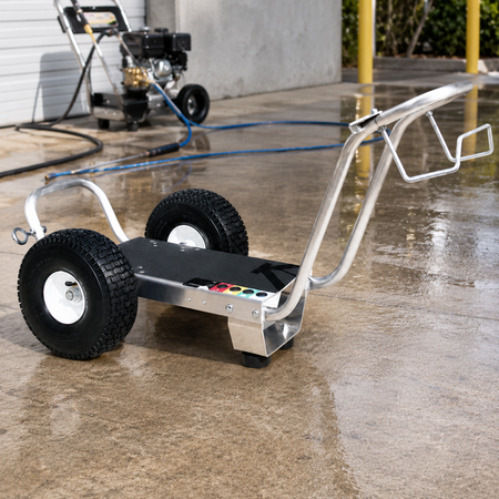 Professional Cart Frame w/ Gun & Hose Rack in use for pressure washing work.
