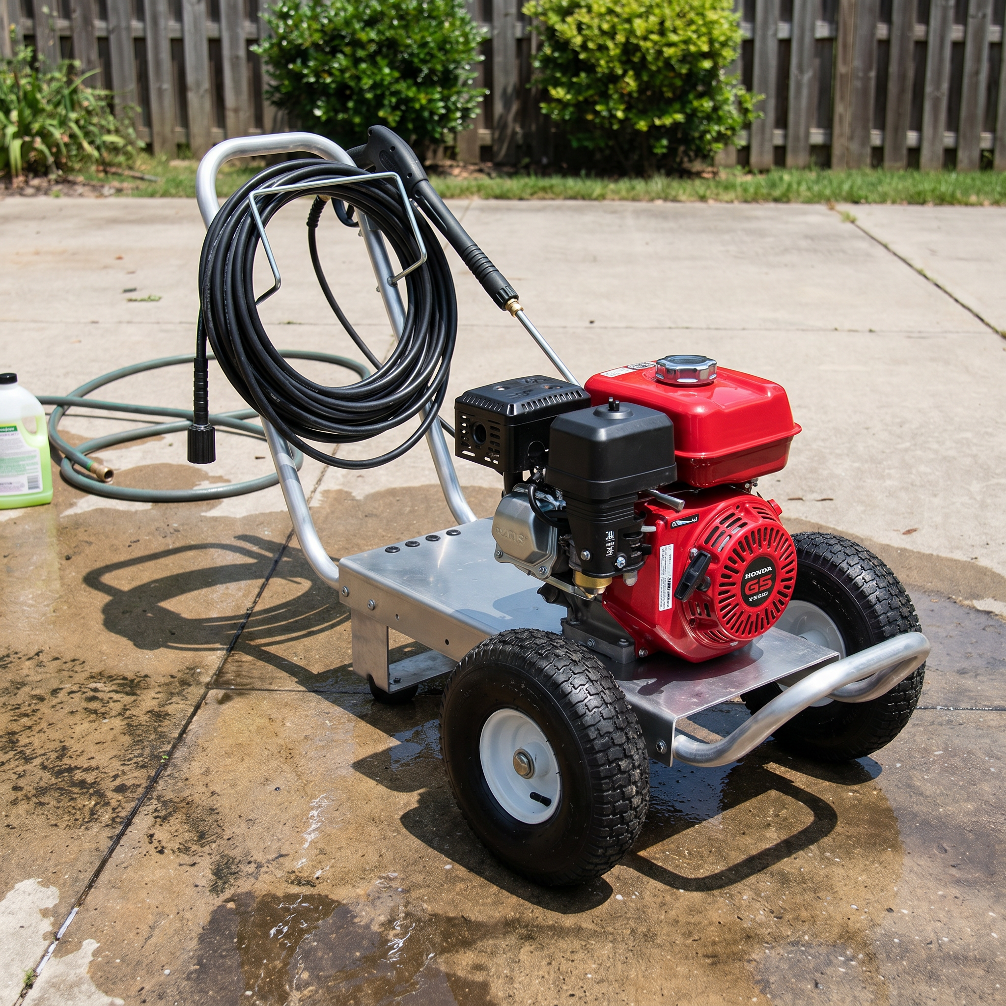 High-pressure pressure washer cart with a red gas engine mounted on an aluminum frame, parked on a concrete driveway.