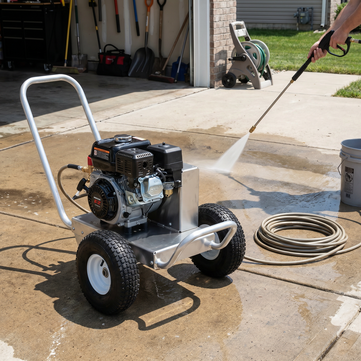 CA060 aluminum large belt cart frame featuring 10-inch pneumatic tires and a mounted gas engine setup during an outdoor cleaning job.
