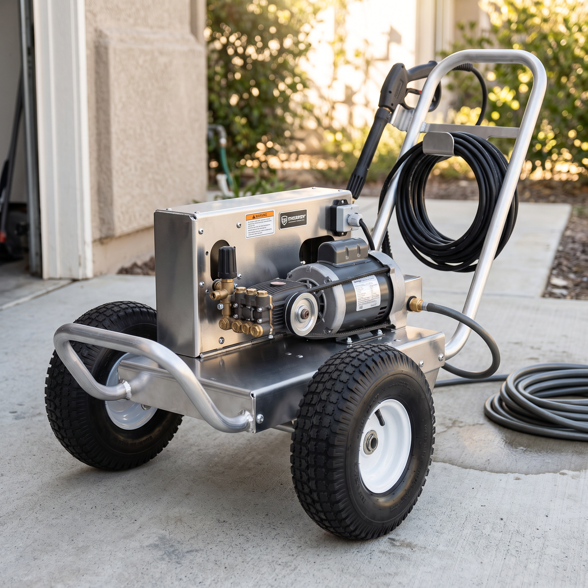 electric pressure washer cart with pump and hose setup on a concrete driveway.