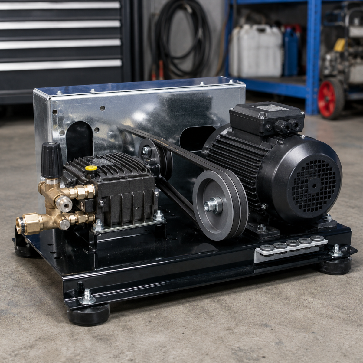 engine and pump are installed on the V-Belt Drive Skid, 5-13 HP w/ 4 Angle Feet.