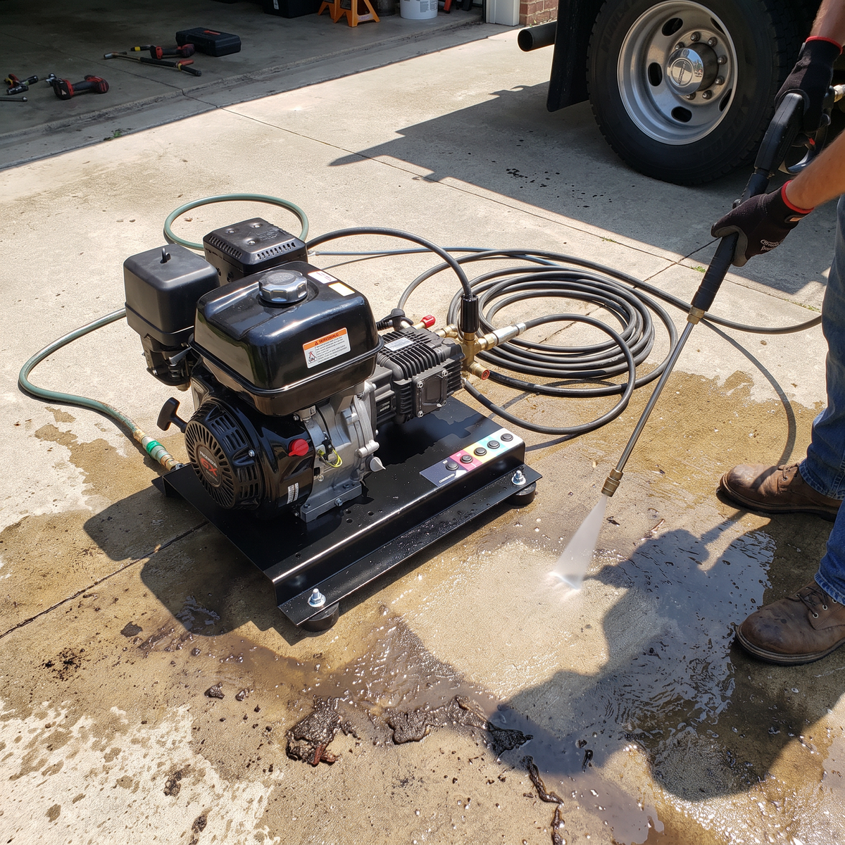 Direct/ Gear Drive Skid w/ 4 Angle Feet carrying a gas engine and pump unit being operated outdoors on a driveway.