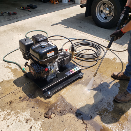 Direct/ Gear Drive Skid w/ 4 Angle Feet carrying a gas engine and pump unit being operated outdoors on a driveway.