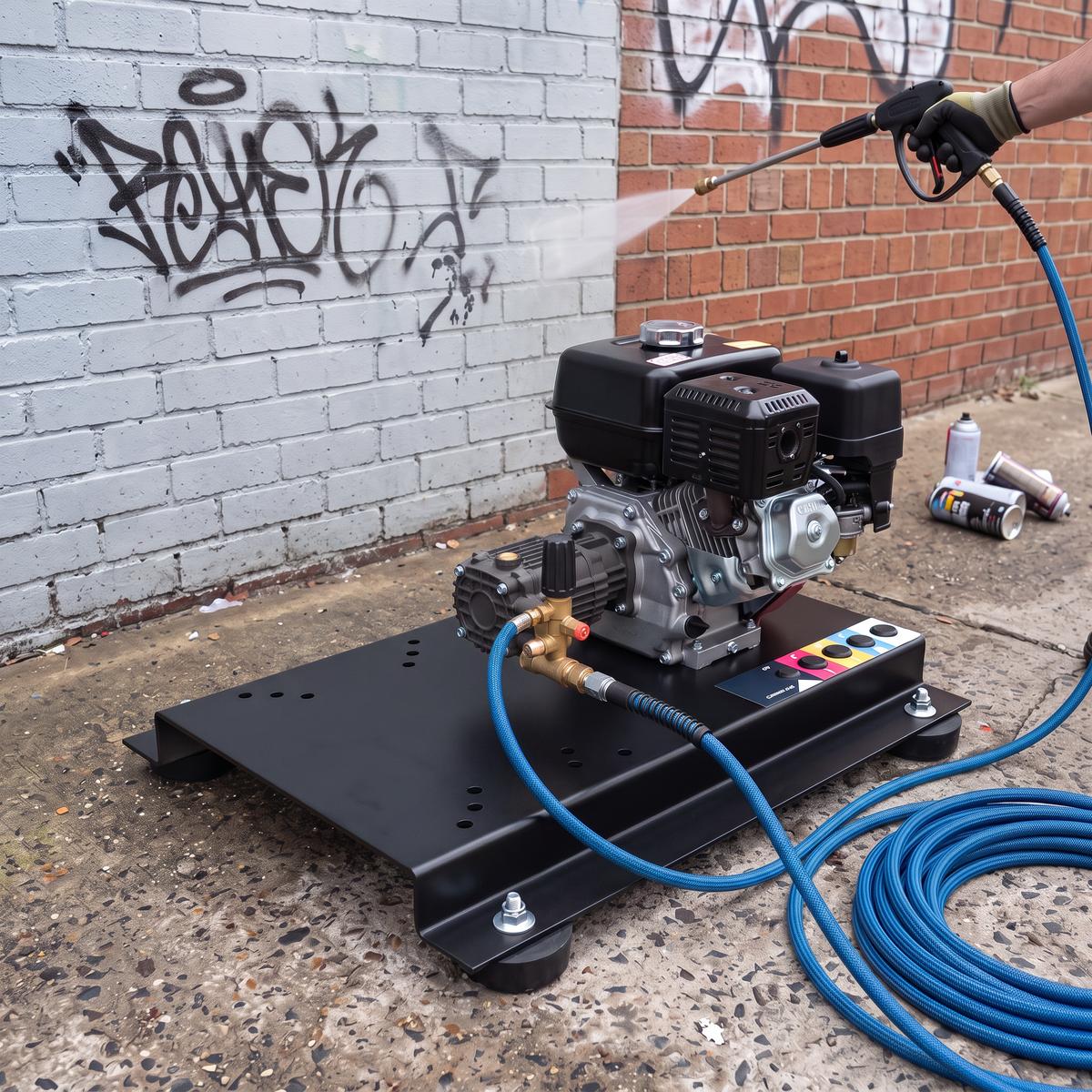 Heavy-duty aluminum pressure washer skid frame connected to a blue hose and spray gun during a wall cleaning application.