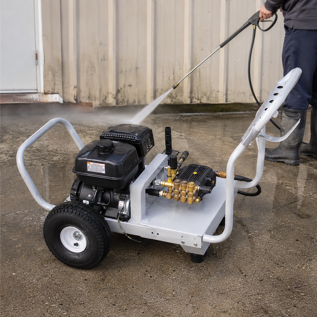 Pressure washer cart with engine and pump being used in an outdoor washing application.