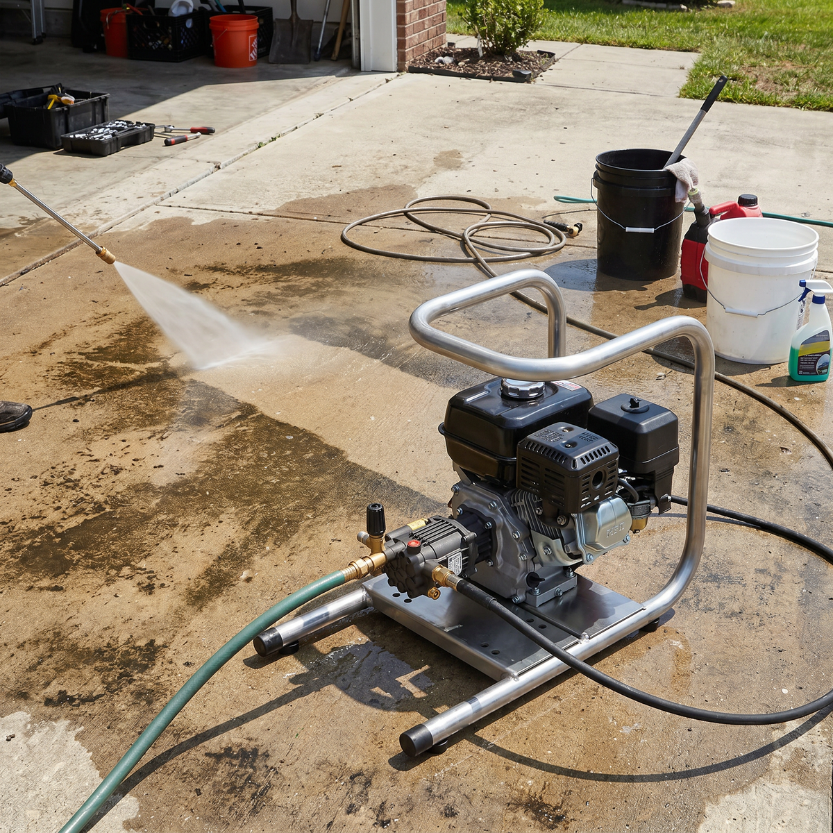 A pressure washer with a gas engine mounted on an aluminum hand carry skid frame, actively being used to spray water and clean a stained concrete driveway outdoors.