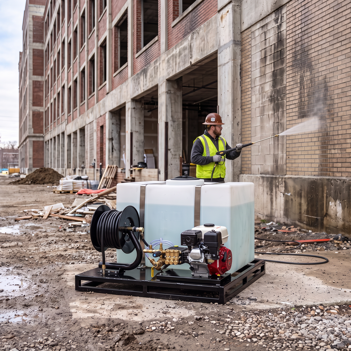 A portable industrial pressure washer system with a large water tank, engine, hose reel, and pump cart is shown on a construction site. A worker in a high-visibility vest stands behind the unit spraying a brick building wall.