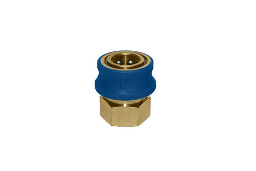 A brass and blue plastic hose connector fitting on a plain white background.