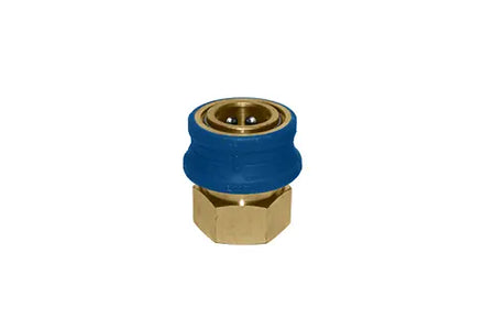 A brass and blue plastic hose connector fitting on a plain white background.