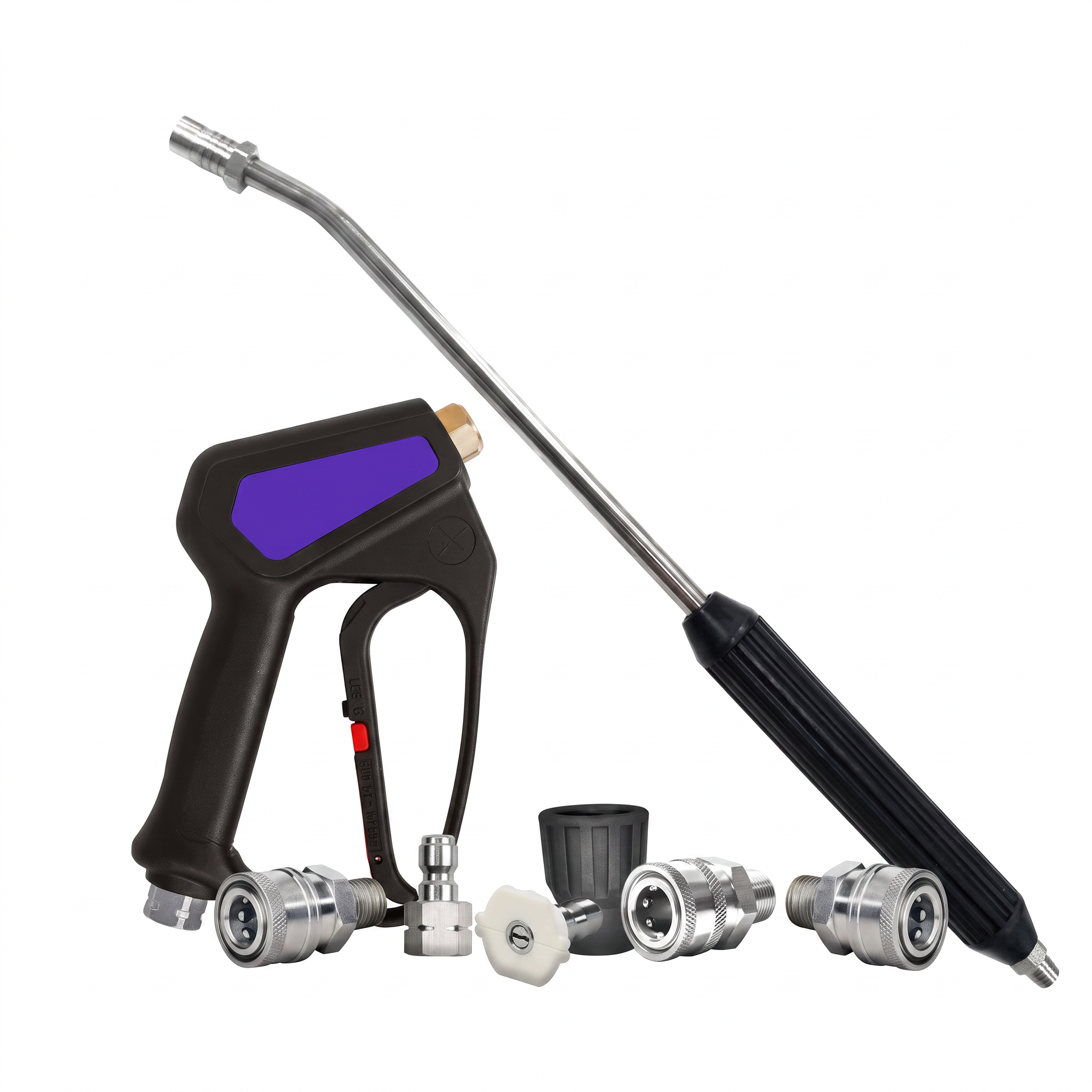 A high-pressure water gun attachment kit with a black and purple spray gun, a long stainless steel wand, a nozzle holder, a nozzle, and several connectors.