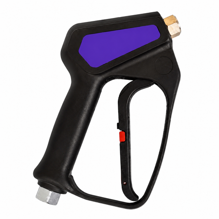 A high-pressure water spray gun with a black plastic handle, a prominent purple accent panel on the top, a brass-colored tip.