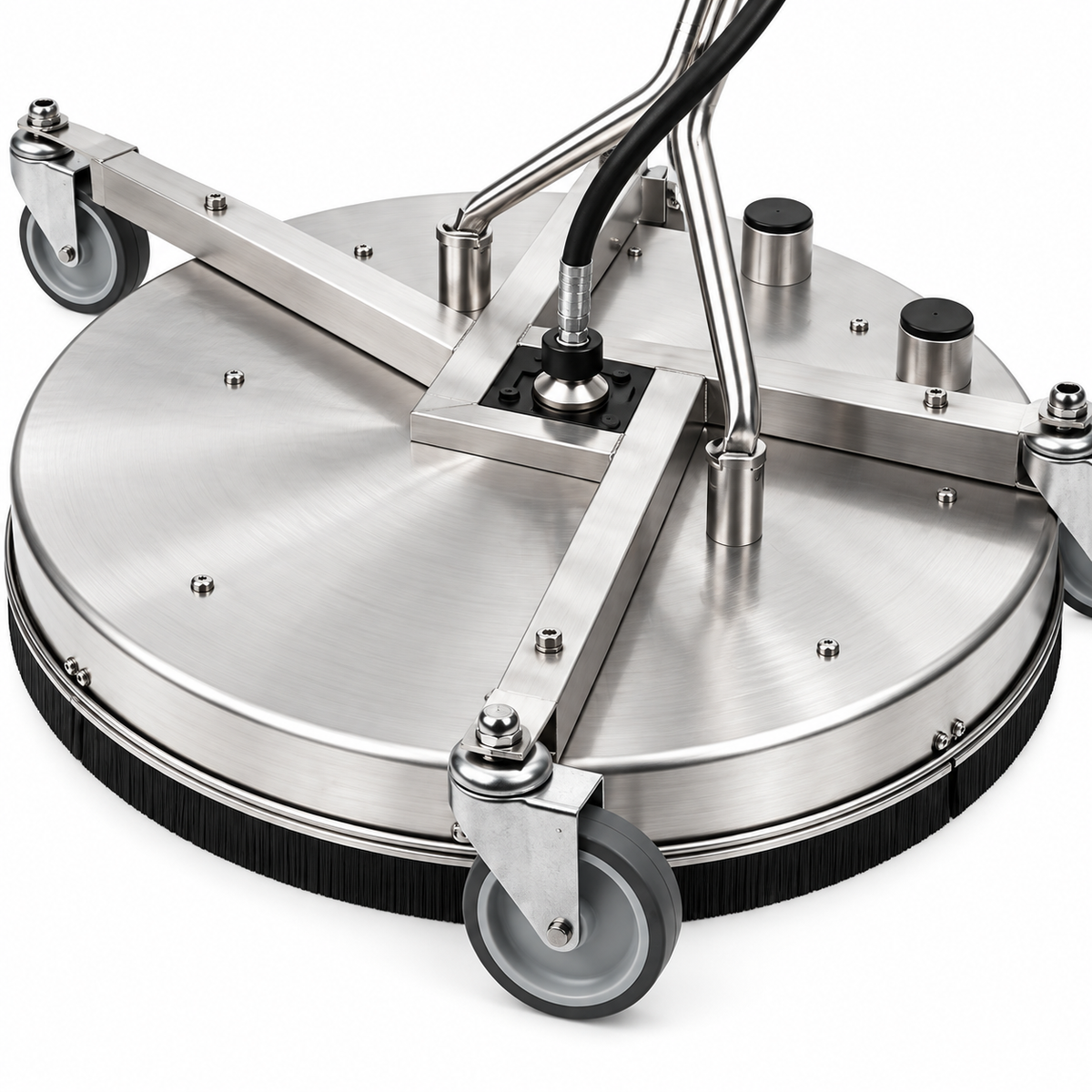 A close-up of 5000 PSI Mosmatic Surface Cleaner deck with gray wheels, black rubber trim, and metal support arms on a white background.