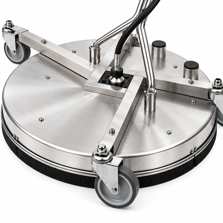 A close-up of 5000 PSI Mosmatic Surface Cleaner deck with gray wheels, black rubber trim, and metal support arms on a white background.