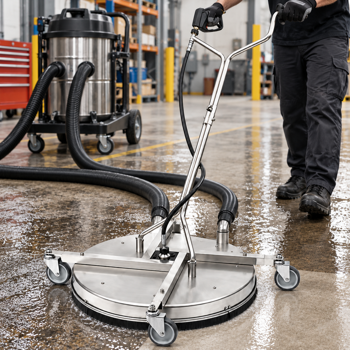 Mosmatic 30-inch stainless steel surface cleaner with water recovery port being operated on a concrete warehouse floor