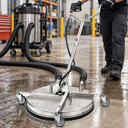 Mosmatic 30-inch stainless steel surface cleaner with water recovery port being operated on a concrete warehouse floor