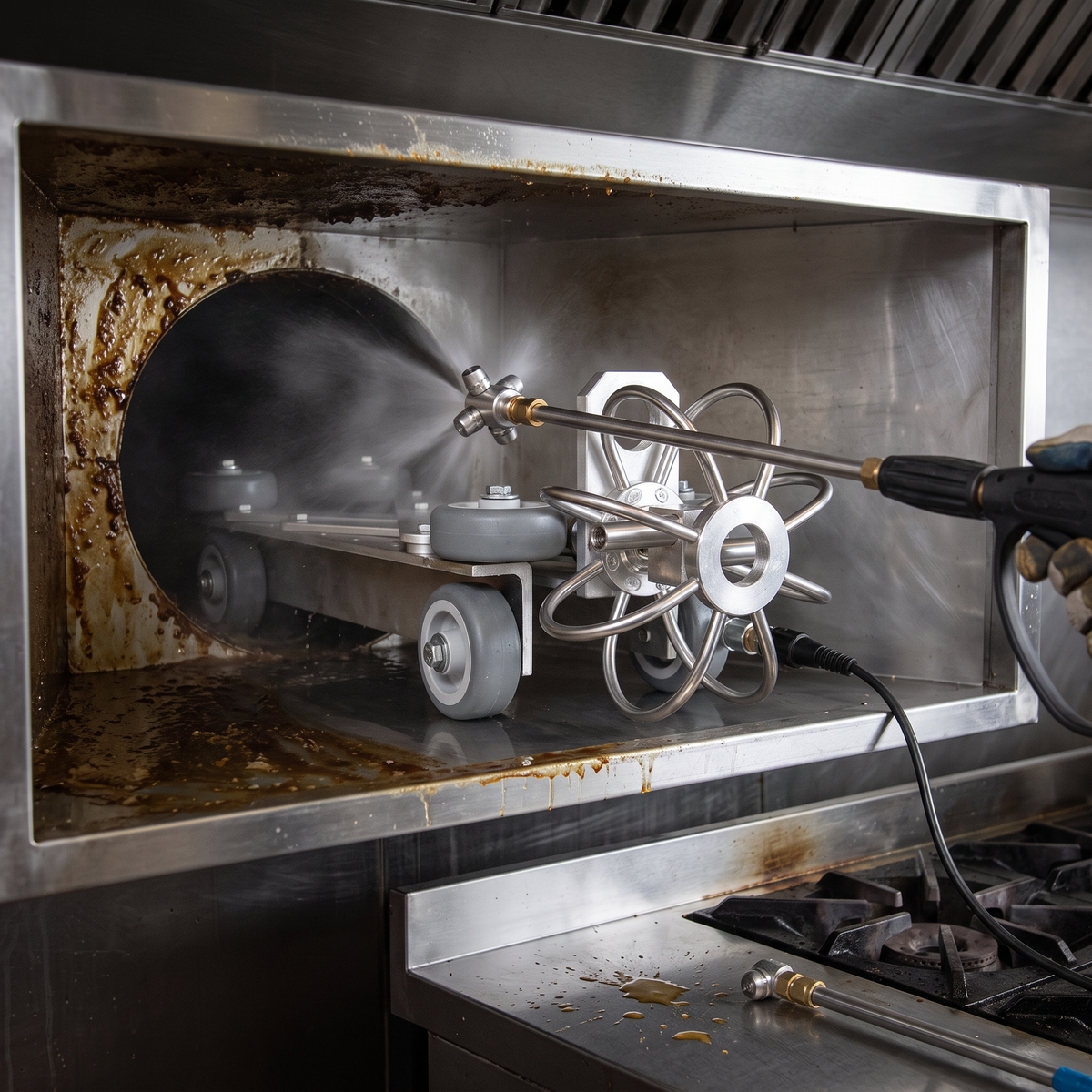 Stainless steel mobile pressure washing duct trolly cleaning a commercial hood.