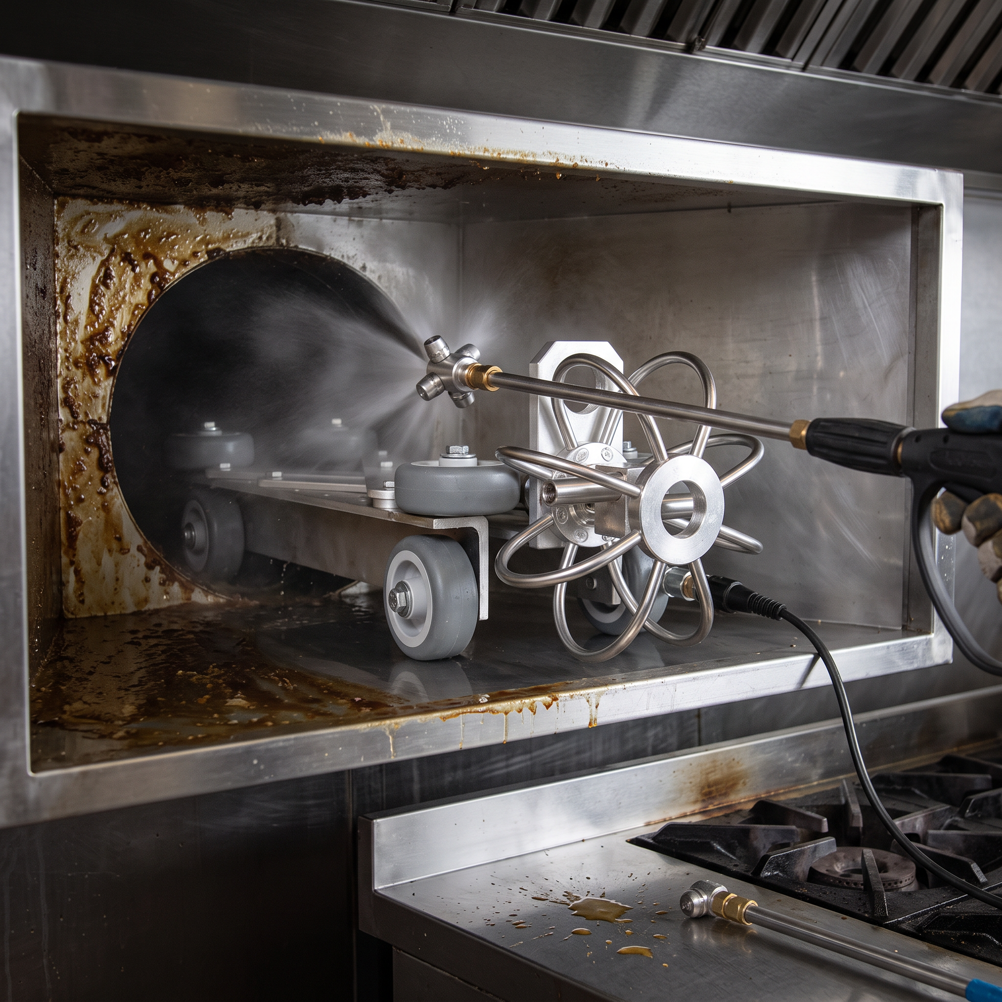 Stainless steel mobile pressure washing duct trolly cleaning a commercial hood.
