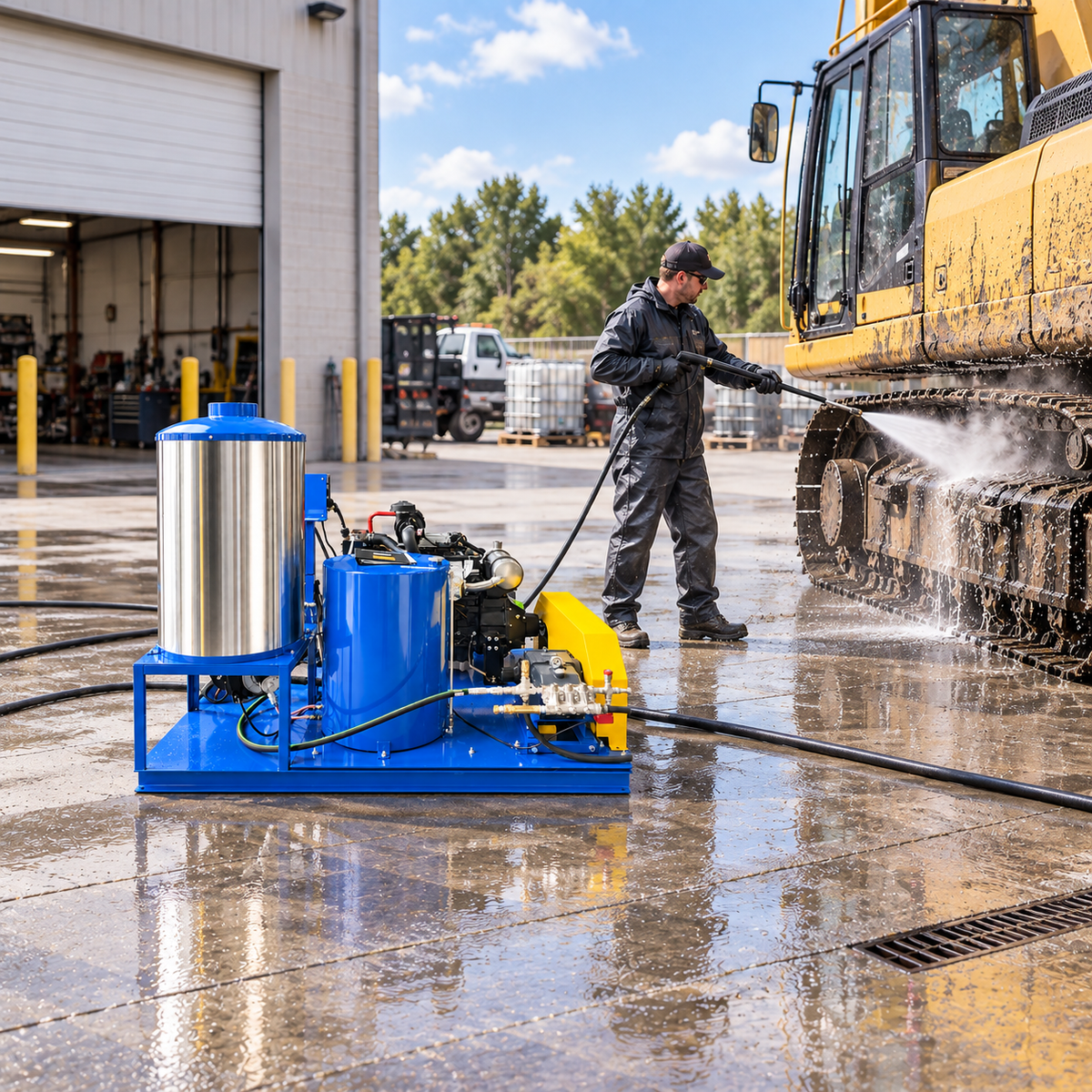 A man uses the 7000 PSI Hot Water High Pressure Cleaner to wash a yellow tracked vehicle on a wet concrete lot. 