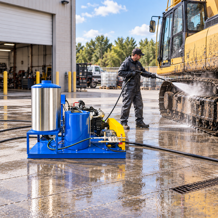 A man uses the 7000 PSI Hot Water High Pressure Cleaner to wash a yellow tracked vehicle on a wet concrete lot. 