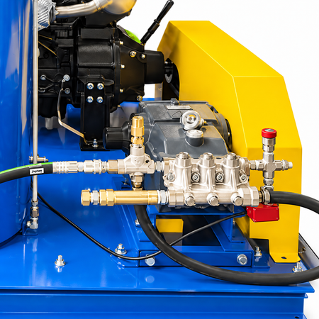 A close-up of the pump of the 7000 PSI Hot Water High Pressure Cleaner